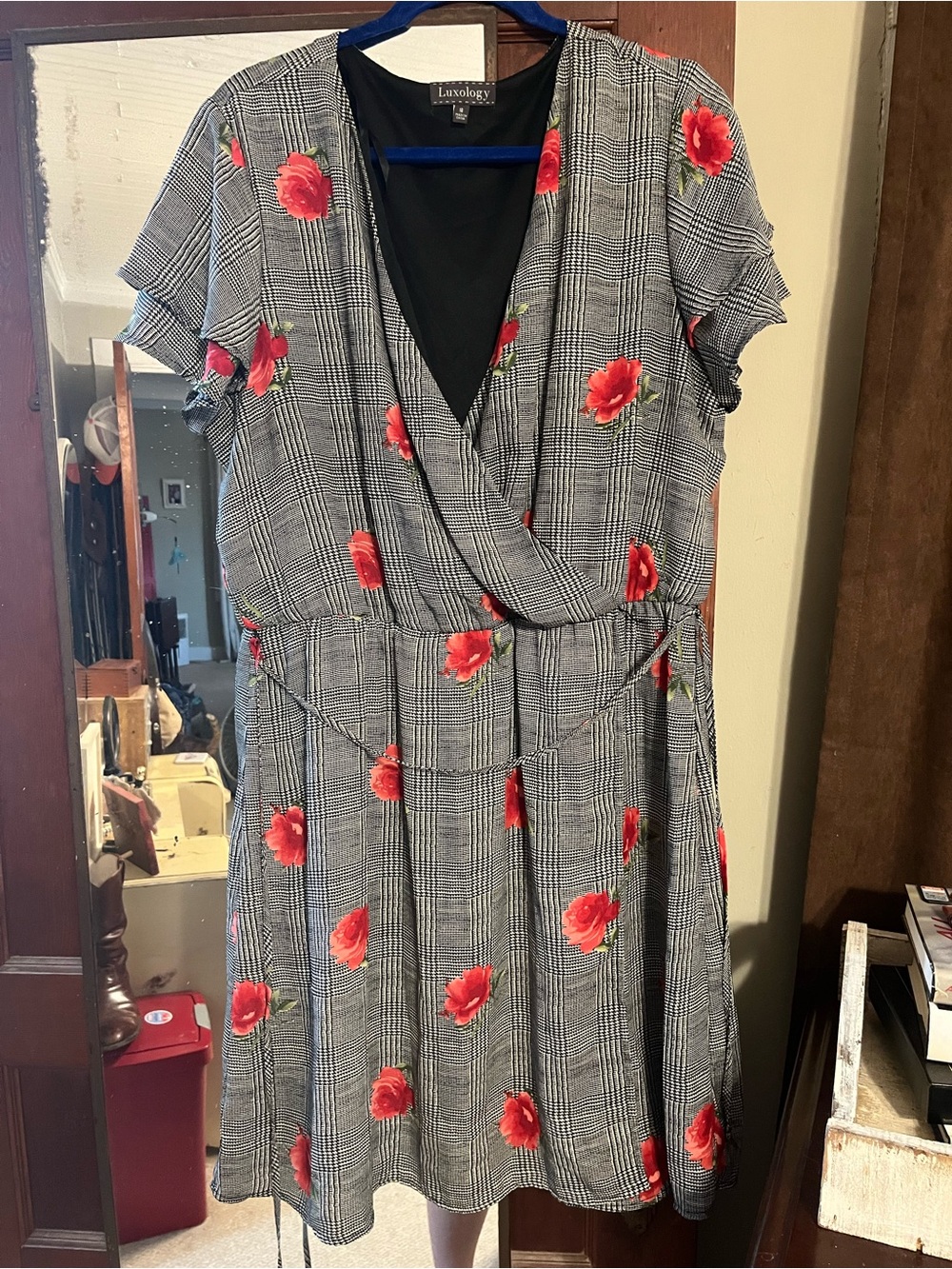 Luxology Plaid Midi Wrap Dress with Red Floral Print